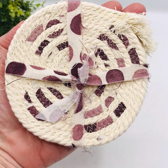 One Set of 4 Rope Coffee Coasters Cotton Dusty Purple Polka Dots  4.25" - Picture 2 of 5